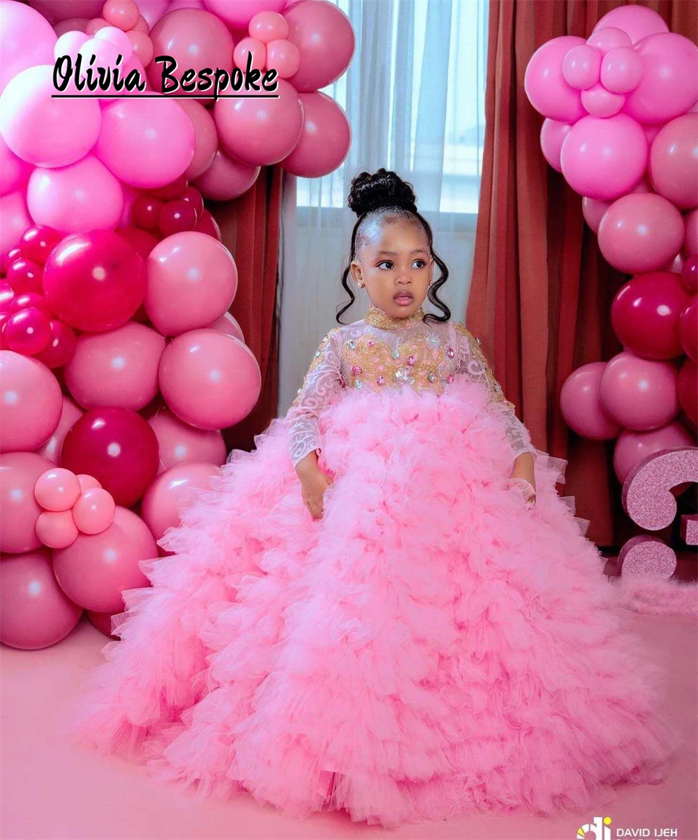 

Graceful Pink Tulle Ruched Ruffles Flower Girl Dresses Beads Rhinestone Sequin Long Sleeves Ball Gown African Baby Girl Birthday