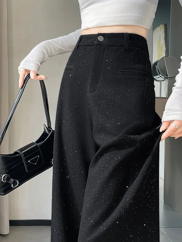 

Женские утепленные шерстяные брюки с высокой талией, осень-зима 2026, новинка, широкие брюки-палаццо в корейском стиле для офиса