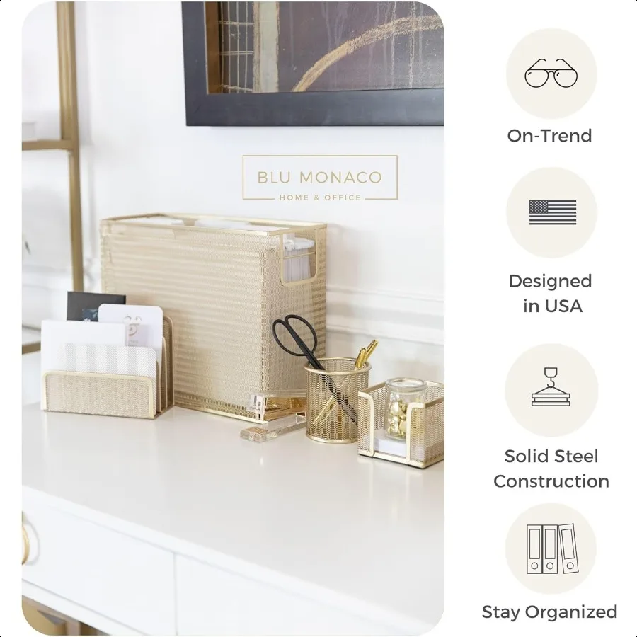 مجموعة إكسسوارات مكتب ذهبية مكونة من 5 قطع لتنظيم المكتب باللون الذهبي مع حامل ملفات معلق وإكسسوارات مكتب ذهبية للنساء