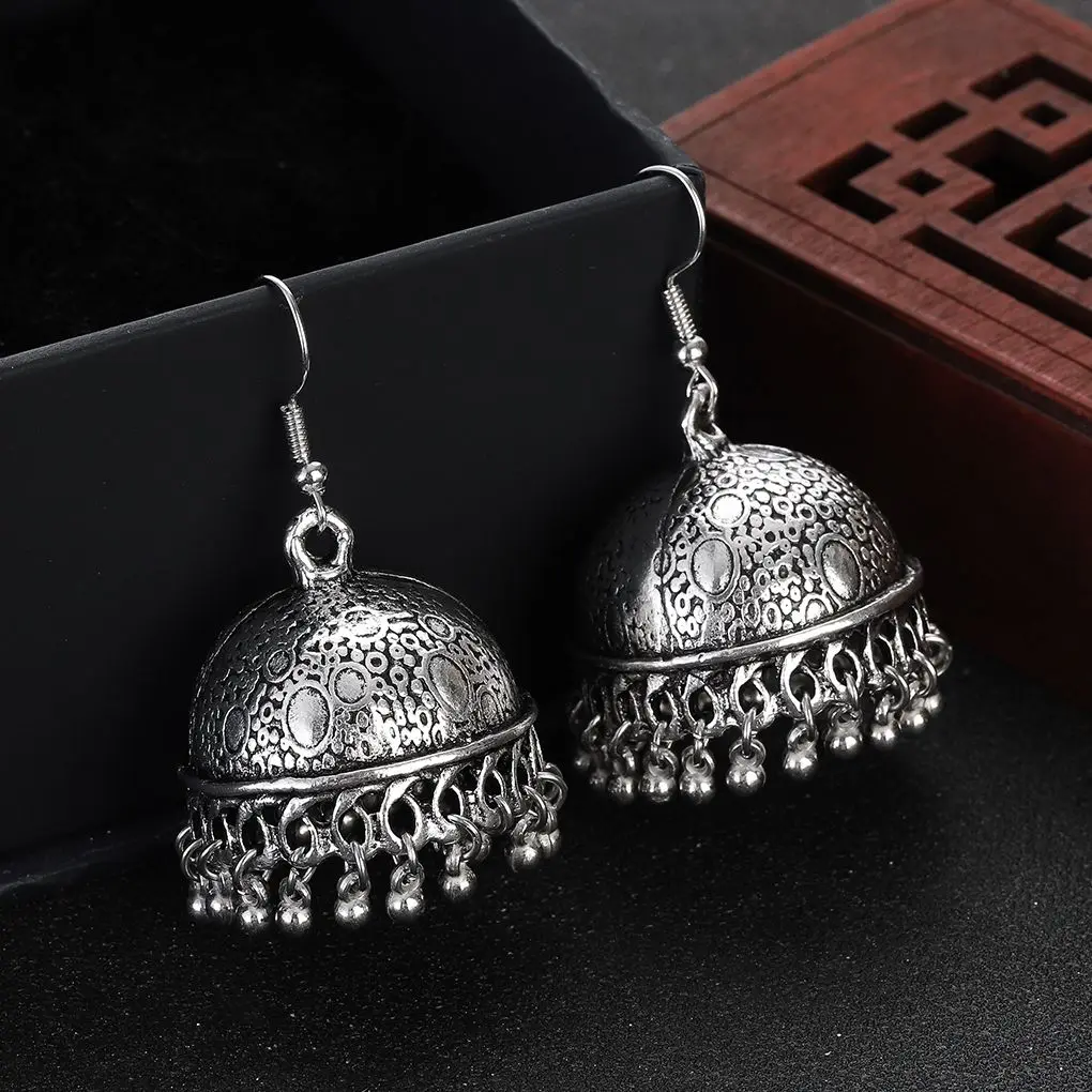 Ethnic Classic Silver Color Jhumka Indian Earring Women Ladies Gypsy Round Lantern Tassel Palace Jewelry Bohemian Earrings Gift