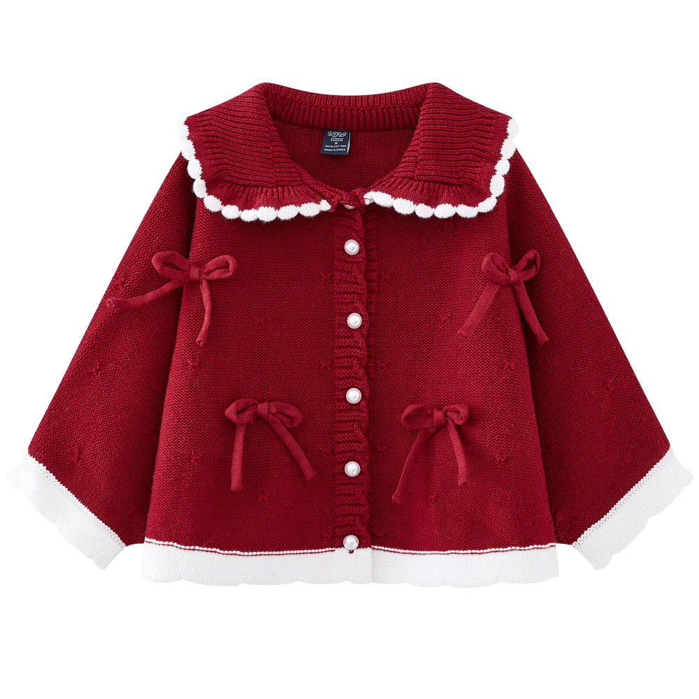 New 80-120 cardigan cotton Girls winter autumn sweater Knitted knitwear kids baby bow clothes children students top 1-5y coat