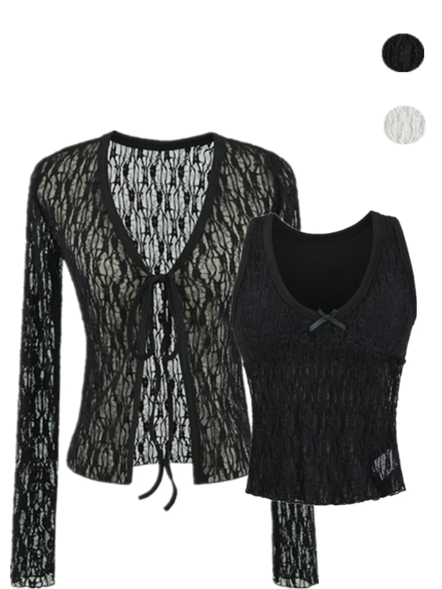Pure Desire Lace Set Two-Piece Set V-Neck Integrated Cup Vest Belted Long Sleeve Outerwear Cardigan Women Street Style Autumn