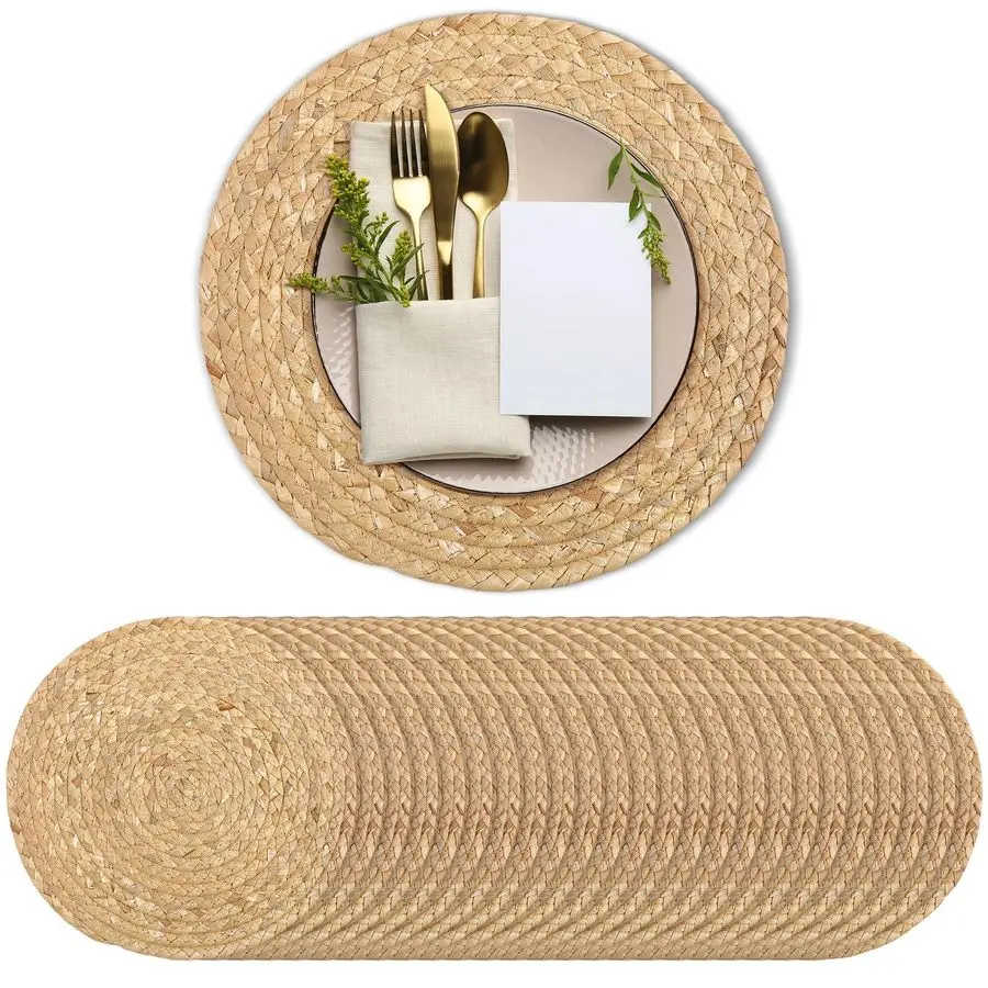 

of 24 Round Woven Placemats 12Inch Natural Water Hyacinth Plant Placemats HandWoven Boho Rattan Placemat Wicker Weave Table Mats
