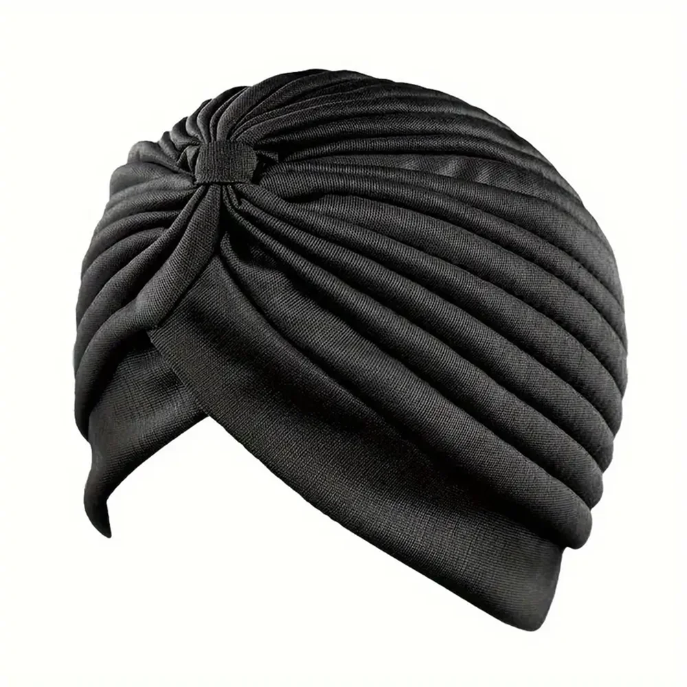 Elastic Soft Pleated Knot Turban Hat Women Muslim Head Wrap Hijab Cap Headcover for Hair Loss Chemo Daily Wear