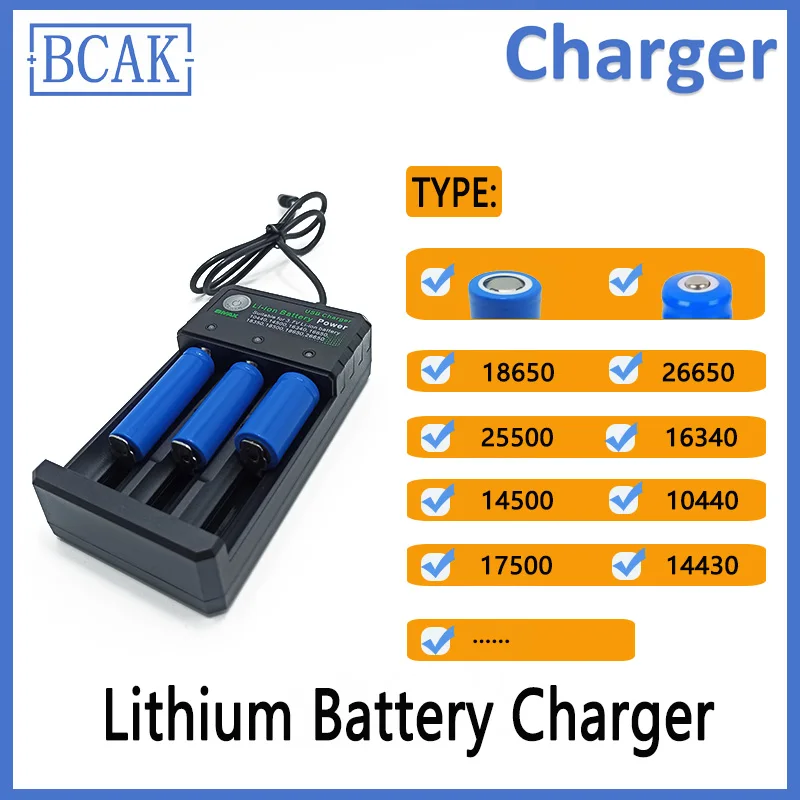 BCAK 4.2V 3 Slots Battery Charger for Li-ion Lithium Battery with LED Indicator 18650 26650 25500 16340 14500 10440 17500 14430