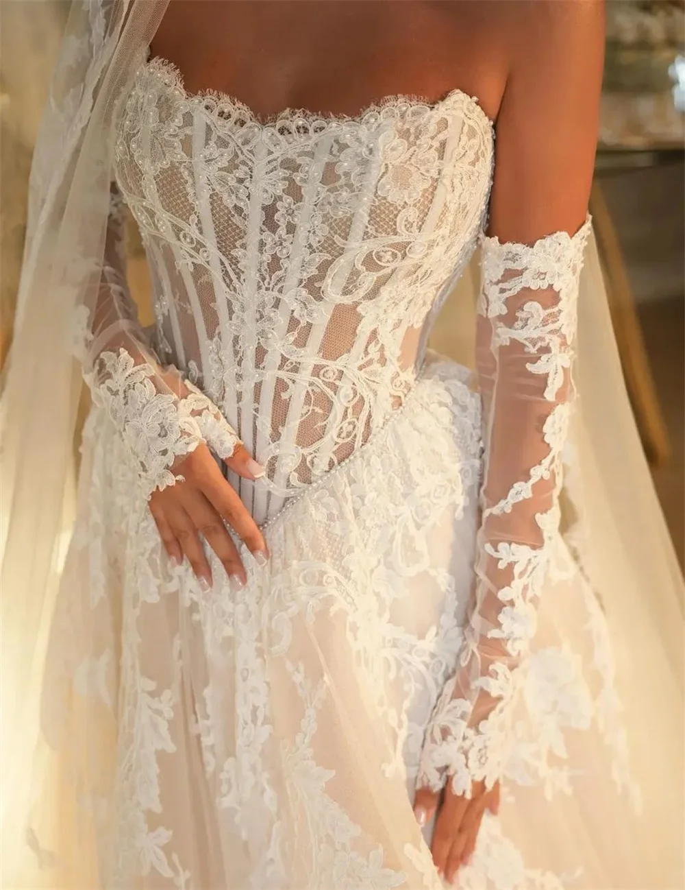 Gaun Pengantin Tokyo Model Elegan Tanpa Tali dengan Lengan Lepas, Ritsleting Belakang, Berbahan Lace, Gaun Pengantin Putih Model A-Line Tahun 2025