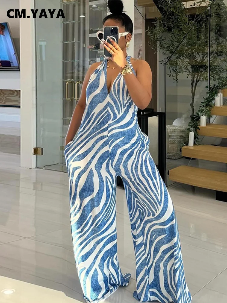 CM.YAYA Women Tie Dye Striped Print Halter V-Neck Backless Loose Wide Leg Jumpsuits outfits 2024 Summer Beach Sleeveless Rompers