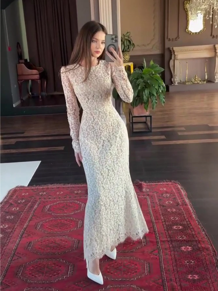

Mermaid Dress Women Dresses A Line Vestidos Round Neck Puff Sleeve Hip Wrap Elegant Lace Floral Wedding Y2k Evening 2026 Spring