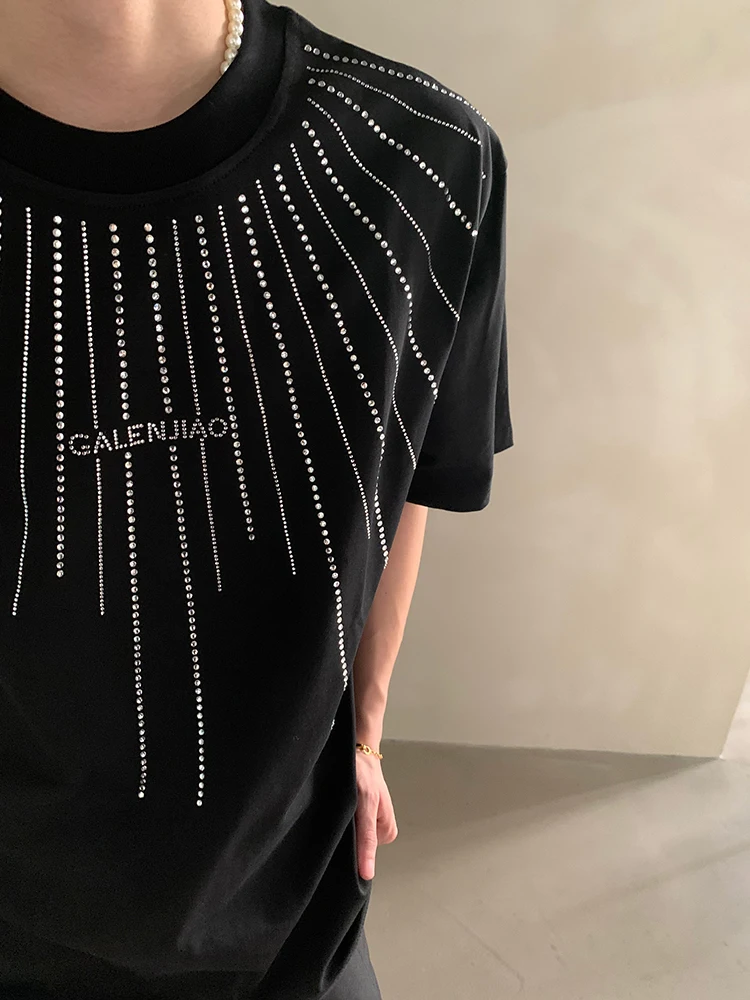 2025 Summer New High-end Heavy-duty Rhinestone Round Neck Short Sleeve T-shirt Loose Casual Fashion Half Sleeve Top for Men