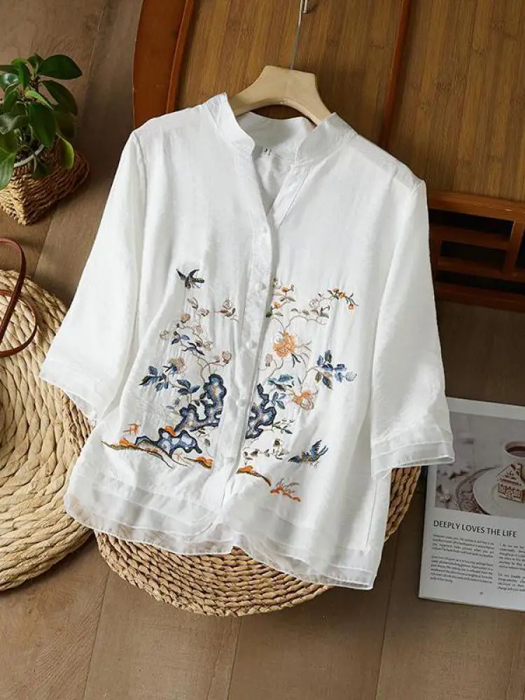 

Vintage Women Solid Embroidery Loose V-neck Single Breasted Short Sleeve Cotton Shirt Summer Elegant Festival Artistic Tops Chic