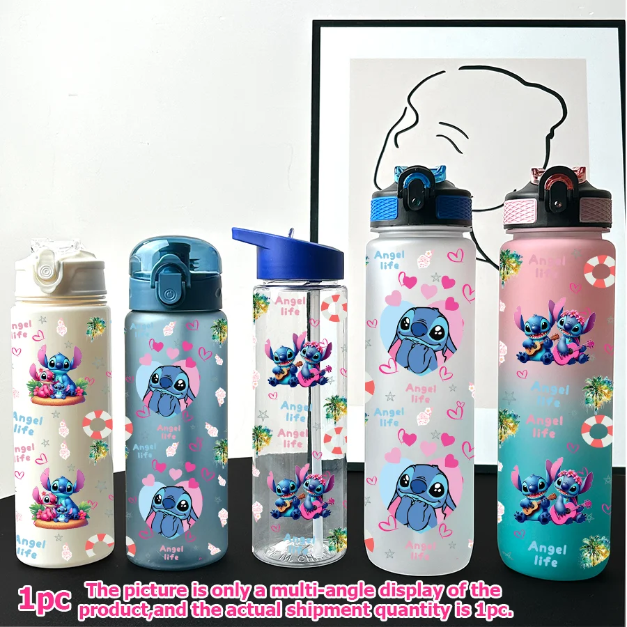 

1 шт., мультипластиковая бутылка для воды Disney Stitch с цветочным принтом, 23-32 унций, портативная спортивная чашка для воды, подарок на день рождения