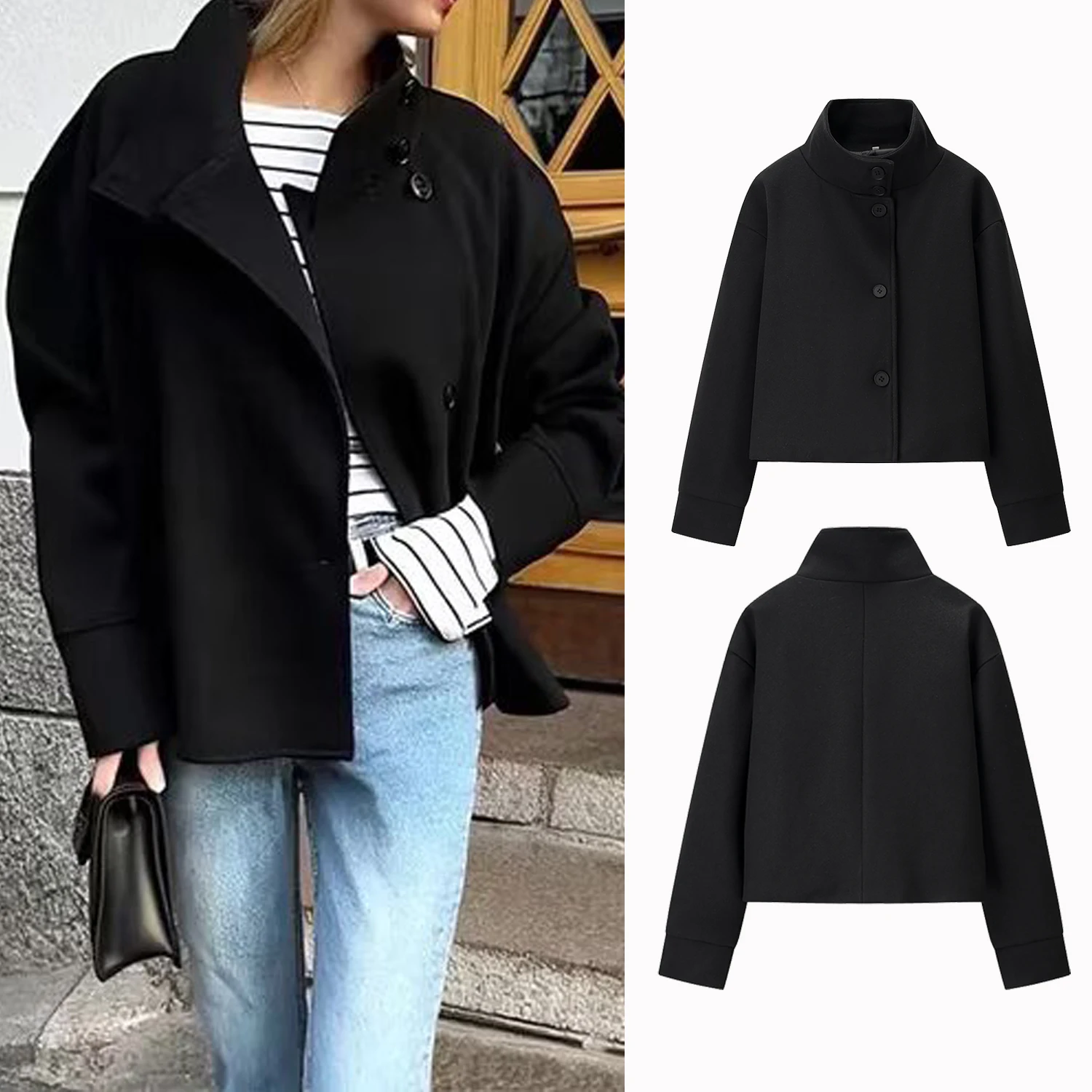 

Women's Short Solid Wool Jacket Coat Simple Fashionable Commuting Long Sleeved Stand Up Collar Woolen Lady Coat Streetwear