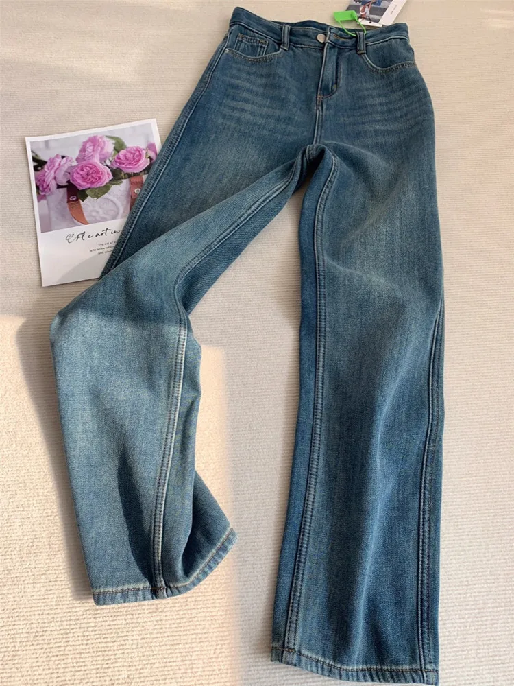 

Американские ретро-джинсы синего цвета с прямыми штанинами, женские, с высокой талией, утягивающие, весенне-осенние, удлиненные, облегающие, в пол, для высоких женщин