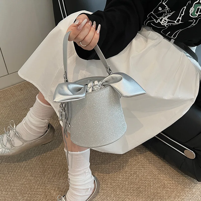 

2025 New Silver Bow Womens Bag Fairycore Elegant Shoulder Purse Trendy Crossbody Bag Chic Feminine