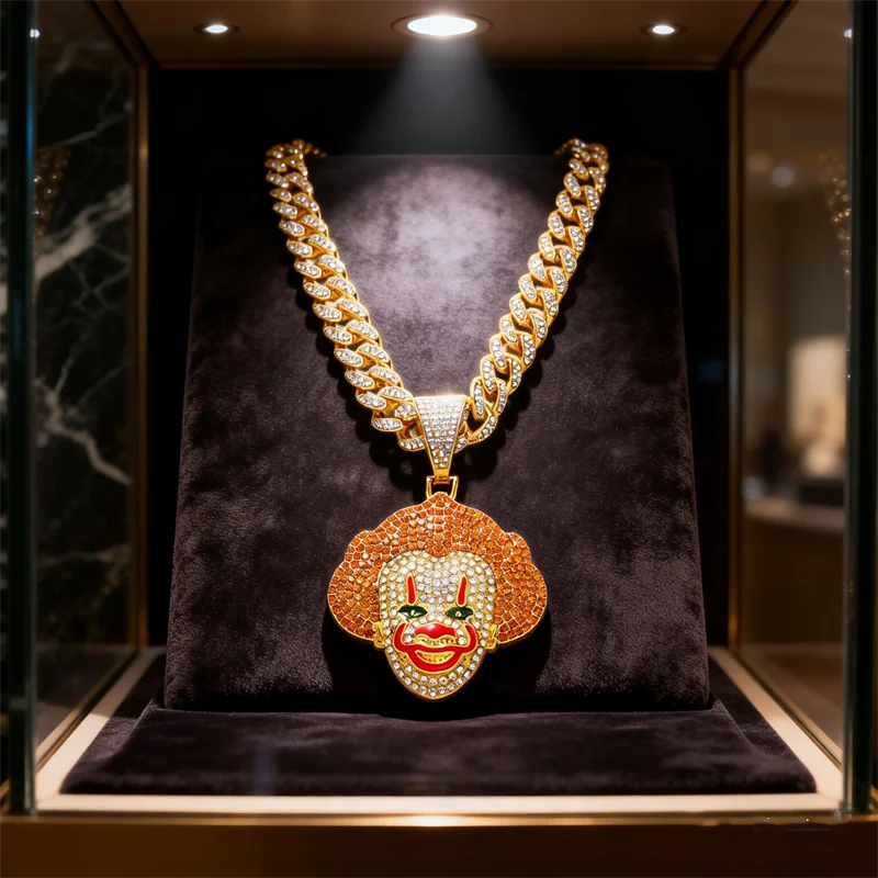 Fashion Full Crystal Joker Pendant Necklace Miami Cuban Chain Iced Out Hip Hop Movie Clown Necklaces Charm Jewelry