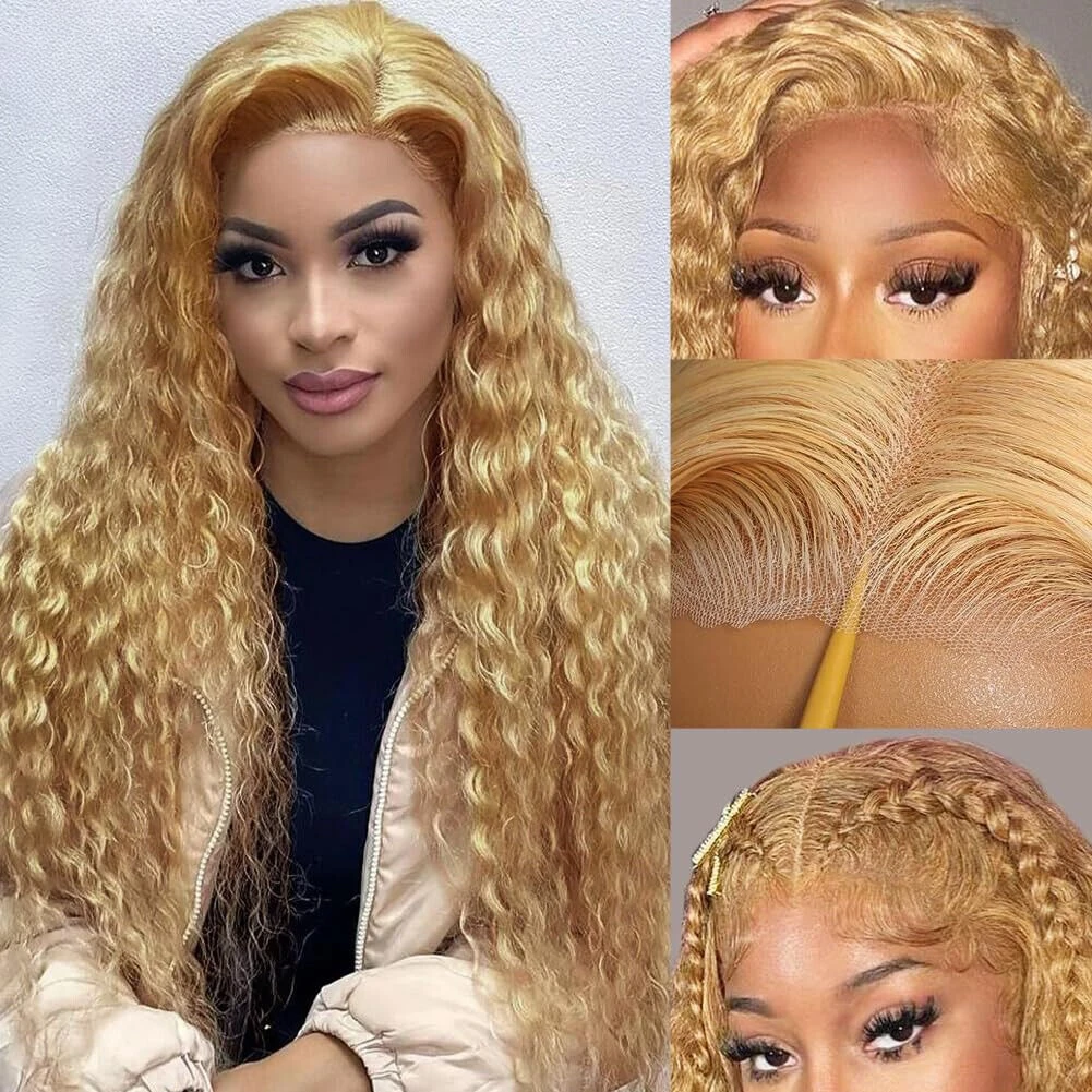 

Медовый блонд вьющиеся волосы бесклеевые кружевные передние парики и бесклеевые парики Go