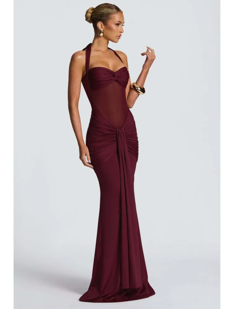 Articat Elegant Hanging Neck Mesh Patchwork Long Dress Women Sexy Sleeveless Backless Tight Party Evening Dress Sheer Formal