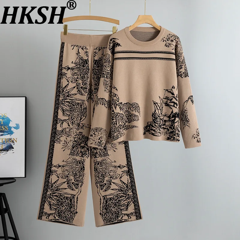 

HKSH Autumn Winter New Women Two-piece Set O-neck Long Sleeves Printed Knitted Sweater Elastic Waisted Casual Pants Tide HK16479