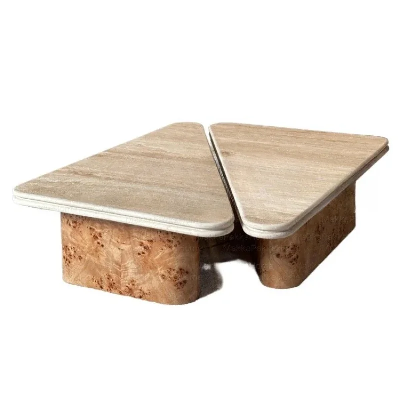 

Medieval retro wabi-sabi wind travertine coffee table, living room tree tumor solid wood, modern light luxury high-end marble
