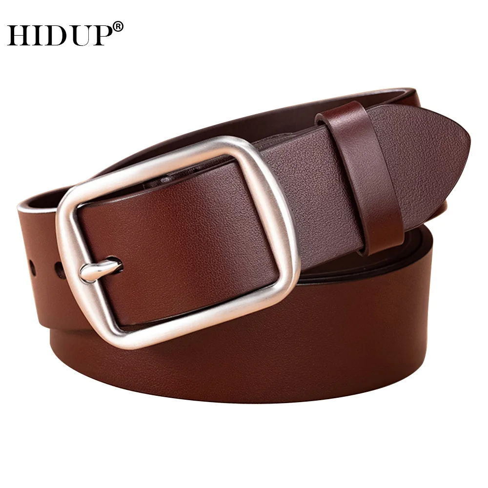 HIDUP 3.8cm Width Men's Cowhide Stainless Steel Pin Buckle Leather Belt Jeans Accessories