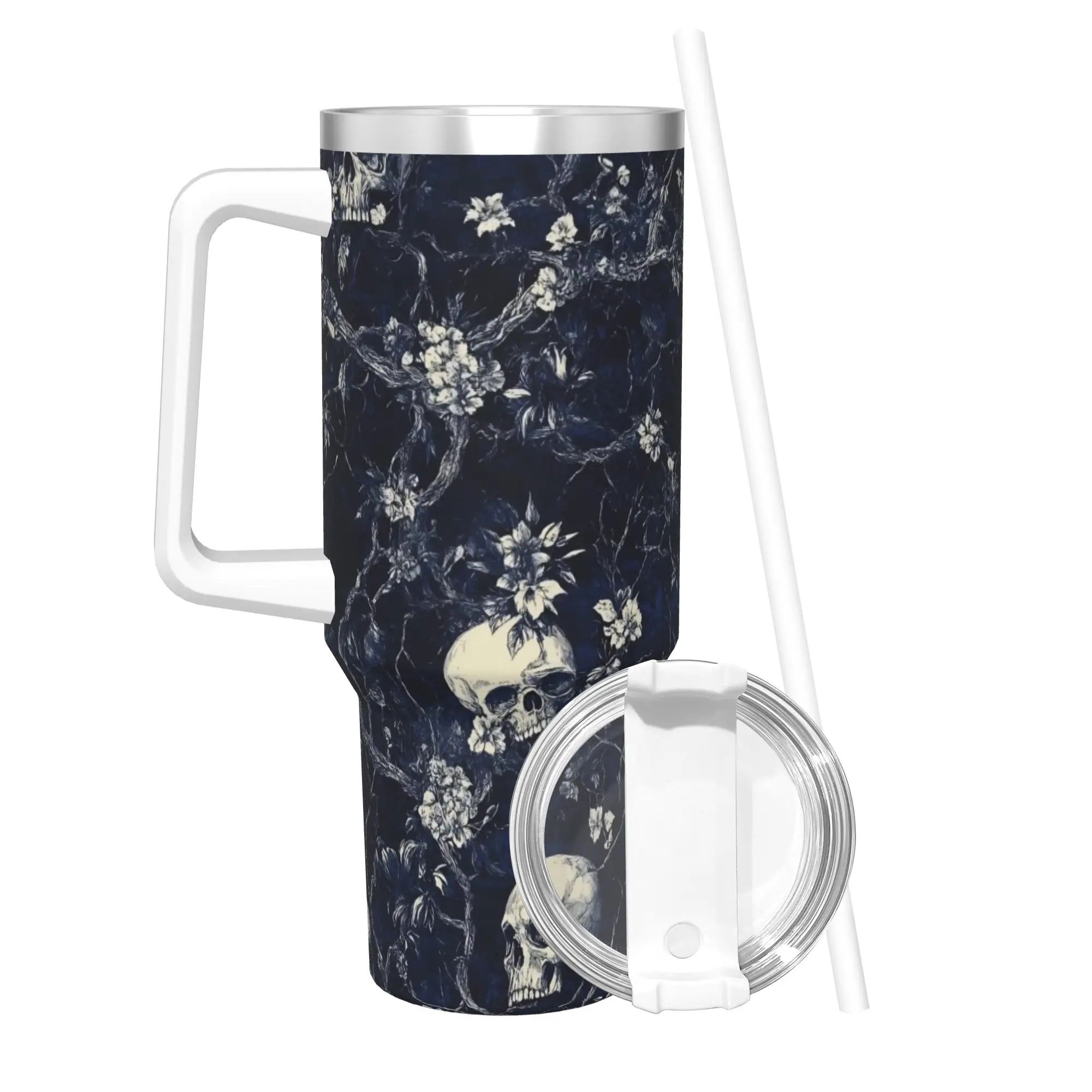 Halloween Skulls And Flowers Gothic Goth 40oz Tumbler Stainless Steel Double Wall Vacuum Insulated  Mug With Straw