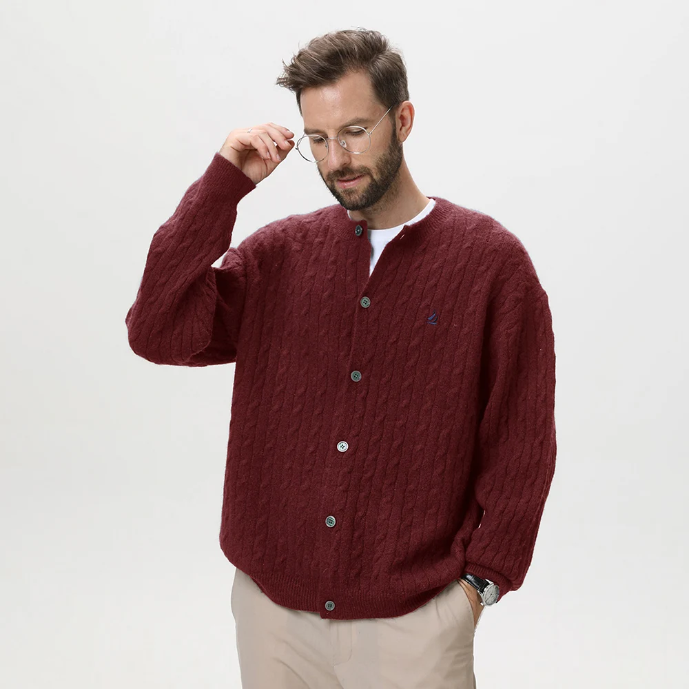 

BROWON 2025 осень-зима винтажный вязаный кардиган для мужчин утепленный уличная одежда с круглым вырезом модные вязаные свитера пальто для мужчин