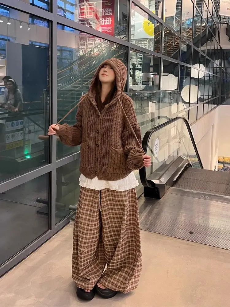

Korean Style Knitted Hooded Sweater Women Autumn Winter Loose Lazy Style Drawstring Hat Coat Female Fashion Outerwear