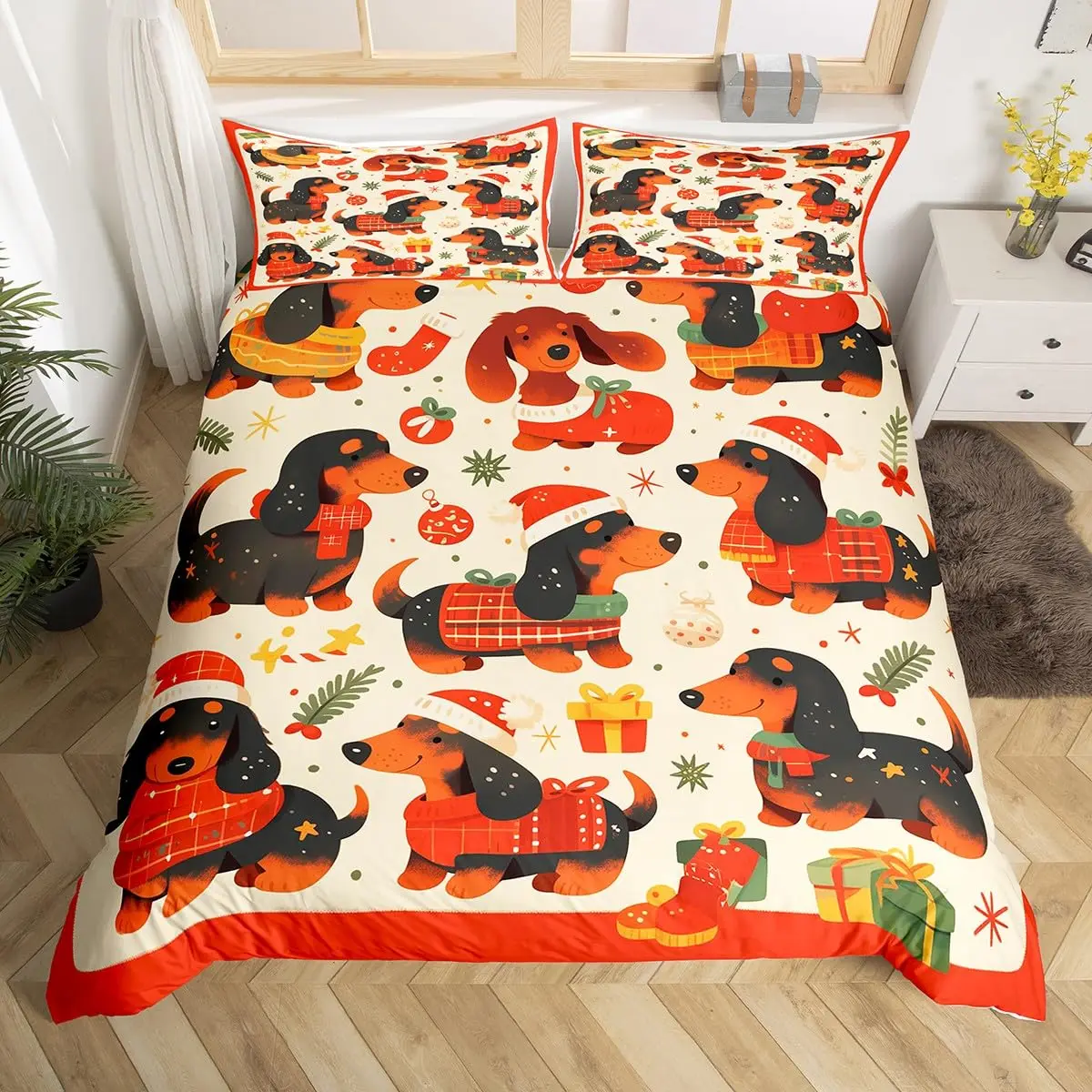 Dachshund Dog Duvet Cover Set Twin King Merry Christmas Theme Bedding Set 3pcs for Kids Teens Kawaii Cartoon Pet Comforter Cover