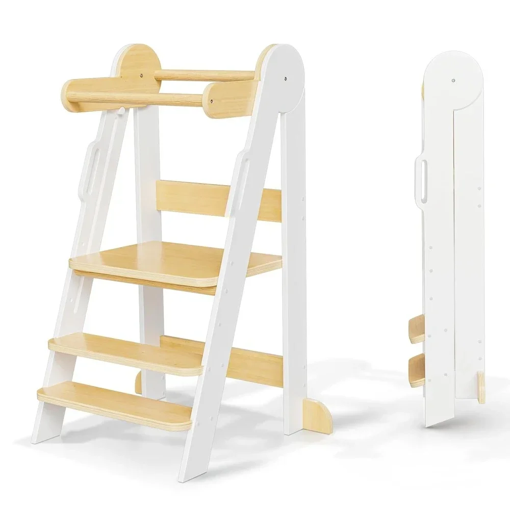 

Foldable Toddler Tower Kitchen Stool- CPSC Certified Toddler Chair Tower with 3 Height Adjustable Step Stool, Safety Bar