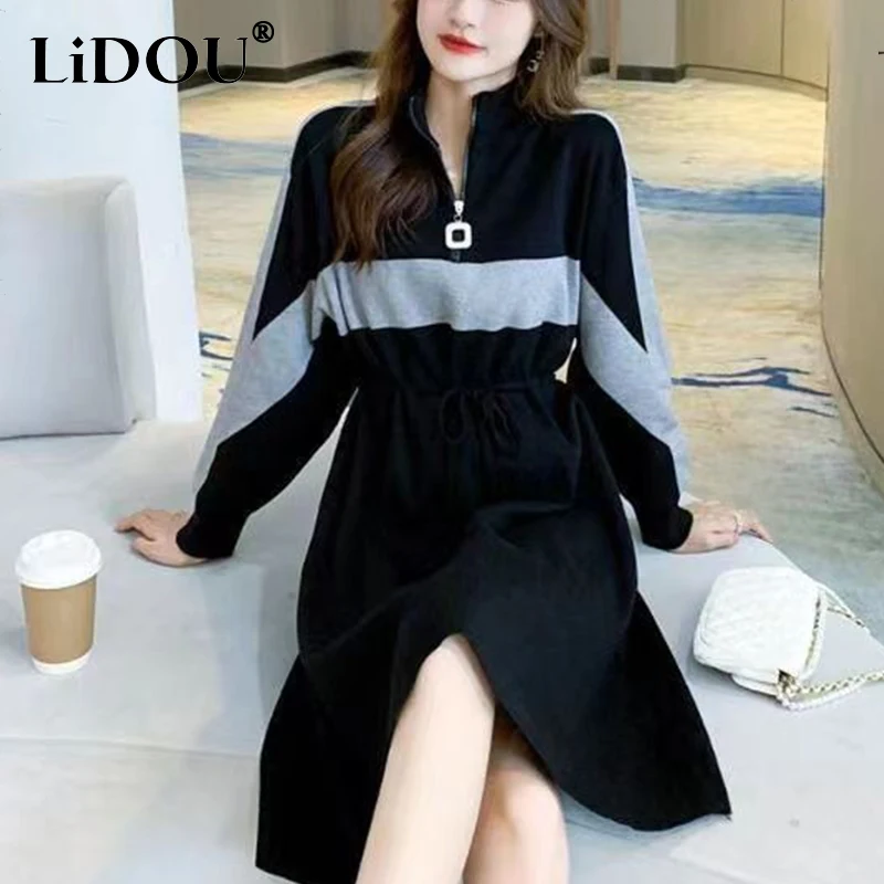 

Autumn Winter Lapel Loose Casual Patchwork Sweatshirt Dress Ladies Long Sleeve Lace Up Waist Zipper Robe Vestidos Women Dresses