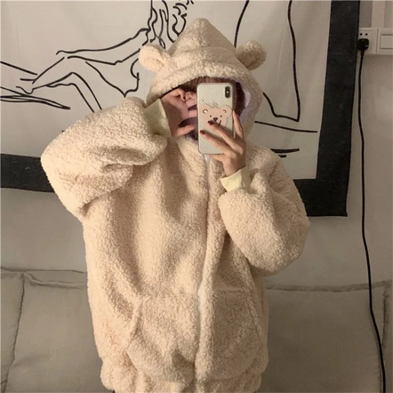 Cute Bear Ears Hooded Coat Women 2022 Fall Winter Fake Lamb Furry Long Sleeve Jacket Lolita Harajuku Green Zipper Outwear Tops
