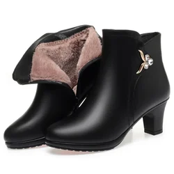 6cm Fashion Breathable Business Casual Med Block Heels Shoes Winter 2025 Black Soft Leather Short Ankle Snow Boots for Work Mom