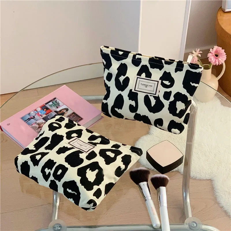 

Большая женская розовая, бежевая леопардовая косметичка, холщовая женская косметичка на молнии для девочек, дорожная стирка, органайзер для макияжа, косметичка
