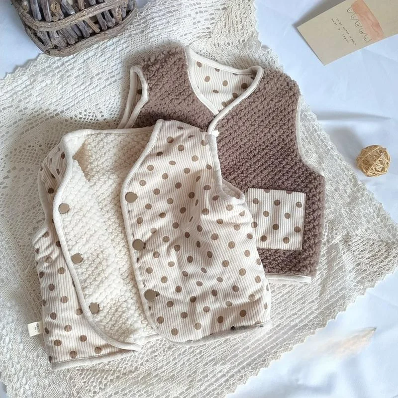 Autumn and Winter Girl Cute Polka Dot Vest Baby Fashion Boy Wave Lighting Core Velvet Double-sided Wear Thick Lamb Wool Coat