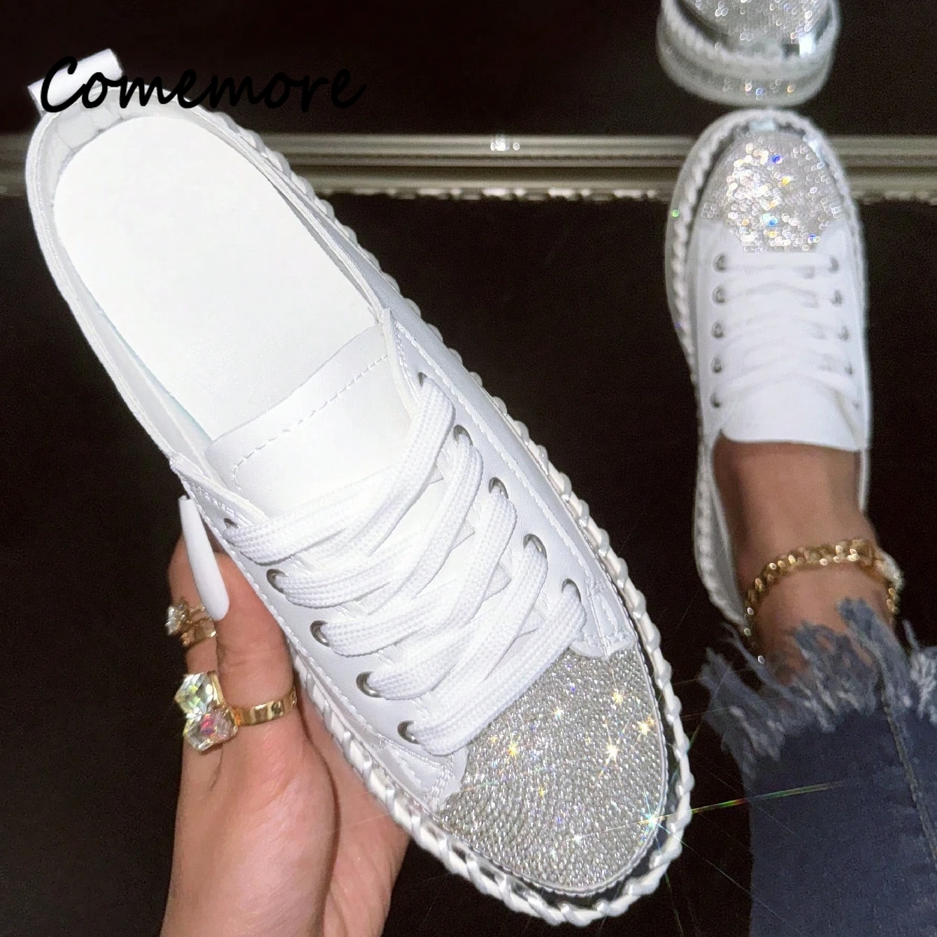 Women Shiny Rhinestones Shoes Four Seasons Casual Sneakers Women Stylish Sport Shoes Lace-Up Sneakers Shoes