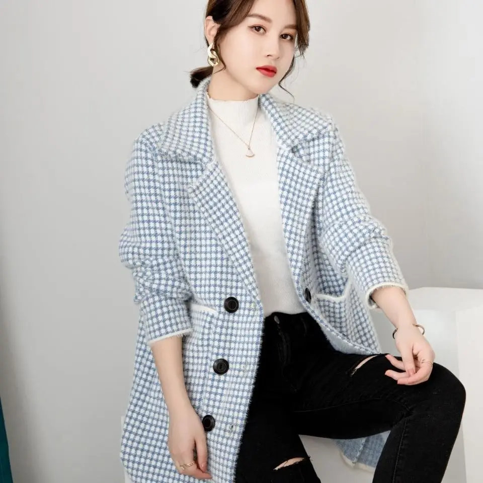 Faux Mink Checkered Coat Plaid Sweater Loose Women's Korean Version Medium Length Cardigan Winter Outerwear Plush Jacket