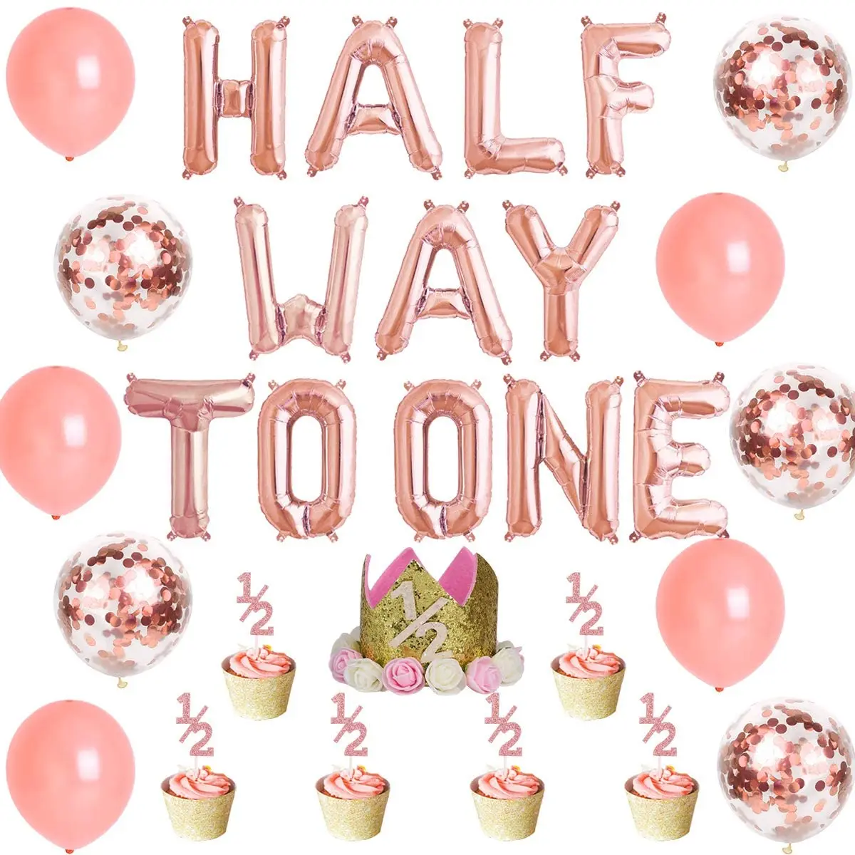 

1/2 Birthday Decorations for Girl Rose Gold Half Year Birthday Party Supplies HALF WAY TO ONE Foil Balloon Banner for 6 Months