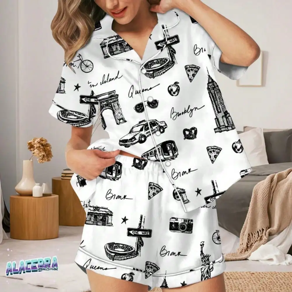 

New York City Sketch Pajamas Set For Women, Black And White NYC Landmark Sleepwear, Featuring Empire State Building Pajamas