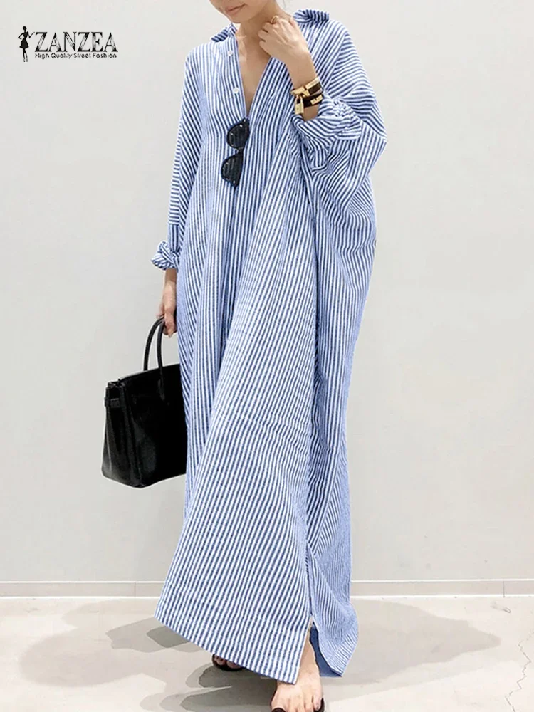 Fashion Spring Shirt Dress 2026 ZANZEA Women Lapel Neck Long Sleeve Stripe Sundress Maxi Robe Casual Work OL Vestidos Oversize