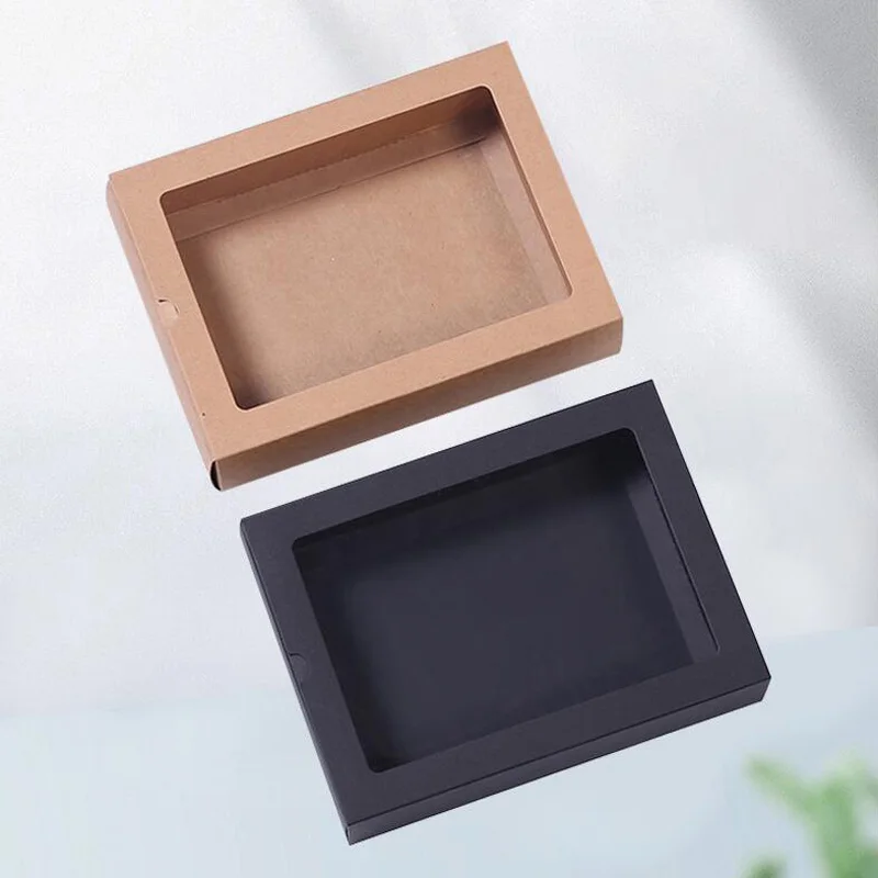 100Pcs/Lot Black Kraft Paper Drawer Box With PVC Window Phone Case Packaging Gift Packing Paper Window Box