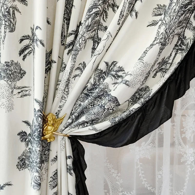 French Romantic Curtains for Living Room Coconut Tree Black Printed Curtain Bedroom Velvet Lace Curtain Lace Edge Curtain Custom