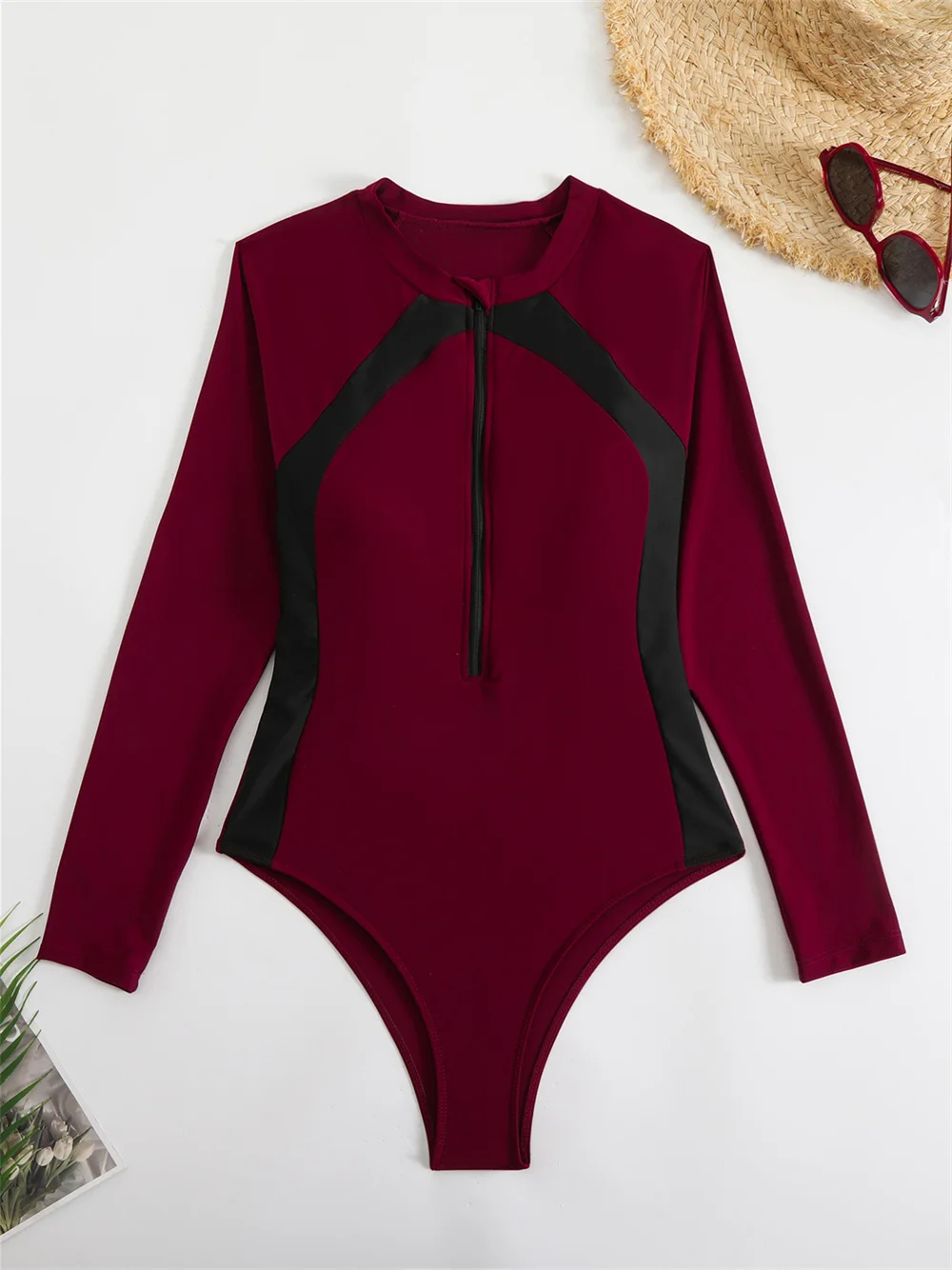 Sexy Surfing Suit Color Block Zip Up Bikini Long Sleeve Swimsuit Tight Swimwears Women Beach Outfit Bathing Swimming Bikinis Set