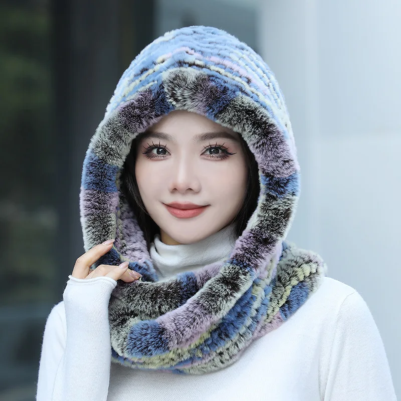 Hat Women New Knitted Real Rex Rabbit Fur Hat Hooded Scarf Winter hats for Woman Cap Warm Natural Fur Hat With Neck Scarves