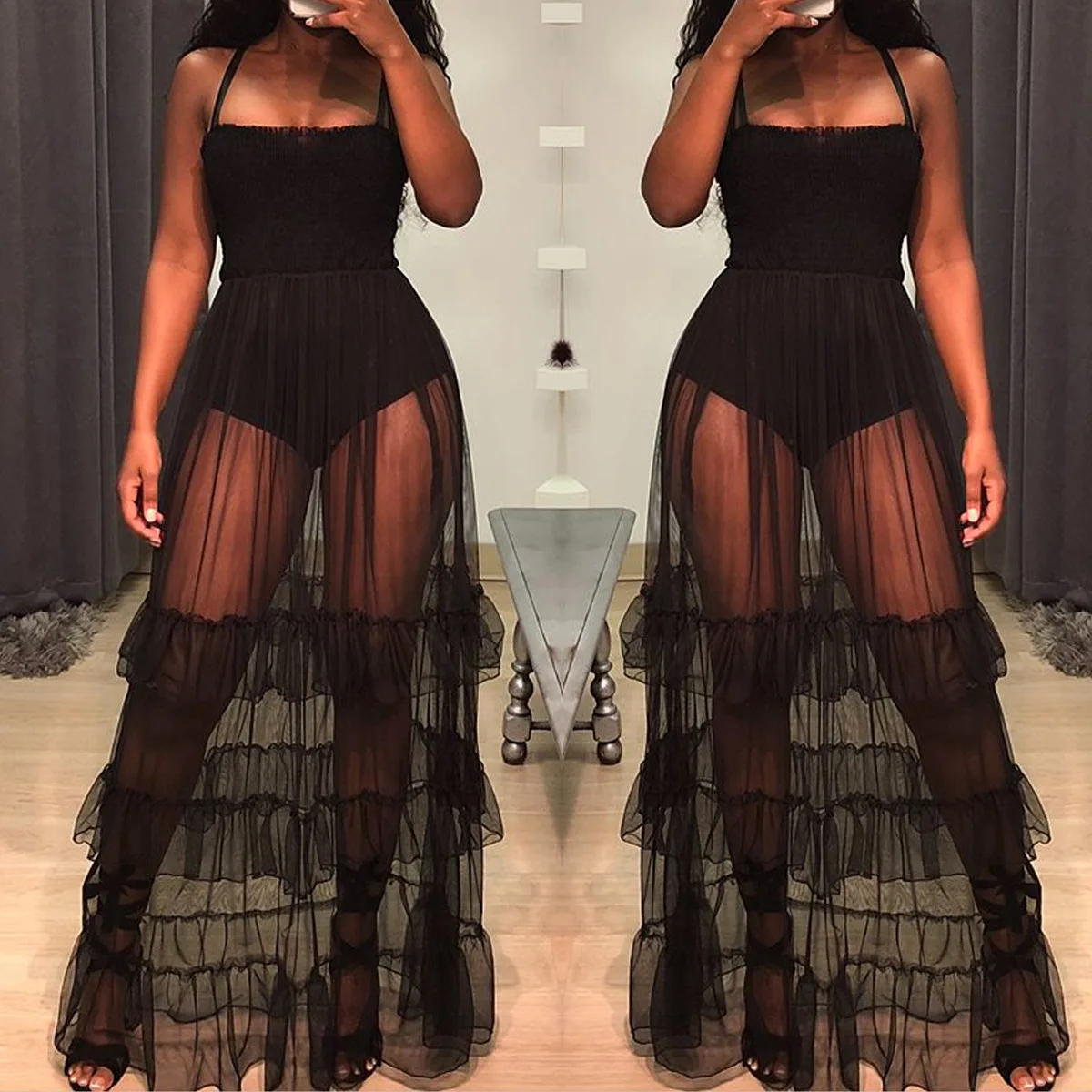 Nuove donne Mesh Sheer Lace Tutu Long Maxi Dress Ladies Sundress Summer Vestidos prospettiva increspato Swing-type abiti senza maniche