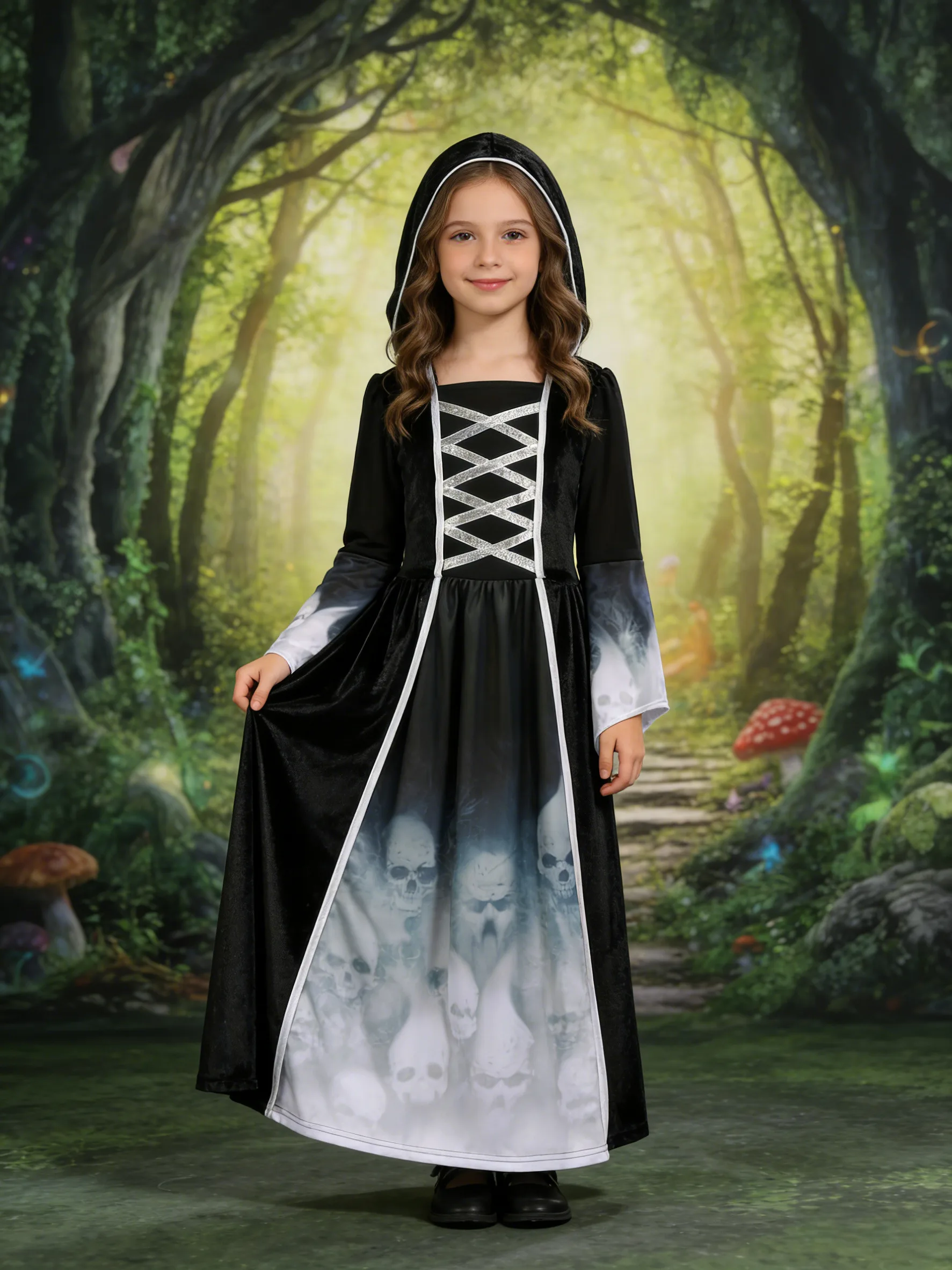 

1 Piece of Girls' Long Printed Dress + 1 Hat, Dress with Delicate Digital Print Patterns on the Front Skirt Hem and Sleeves, Suitable for School Performances, Masquerade Balls, and Various Other Occasions, Halloween Carnival, and Various Holiday Costumes