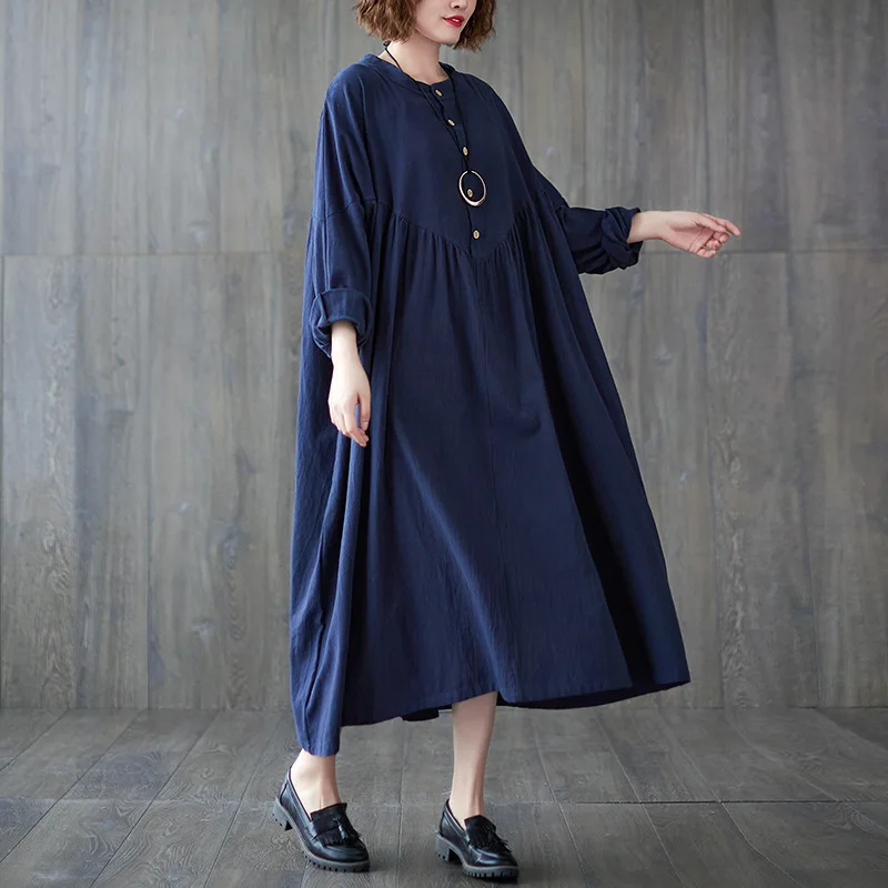 Women's Casual Maxi Dress Plus Size Loose-Fit Batwing Sleeve Solid Color Dress