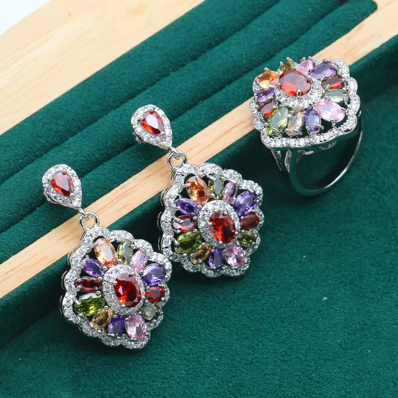 Personalized Multicolor Zircon 925 Sterling Silver Jewelry Set for Women Bracelet Earrings Necklace pendant Ring Wedding Gift