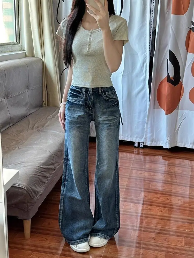American Retro Flare Jeans Women Vintage High Waist Streetwear Fashion Denim Simple Pockets Ladies Spring Autumn Y2k All-match