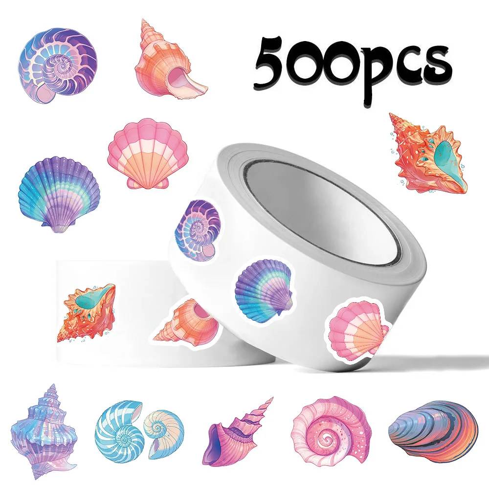 500 uds/rollo de pegatinas de sellado de caracol de mar de color océano, hermosas conchas, rollo de pegatinas de dibujos animados, taza de equipaje DIY, teléfono, guitarra, juguetes para niños
