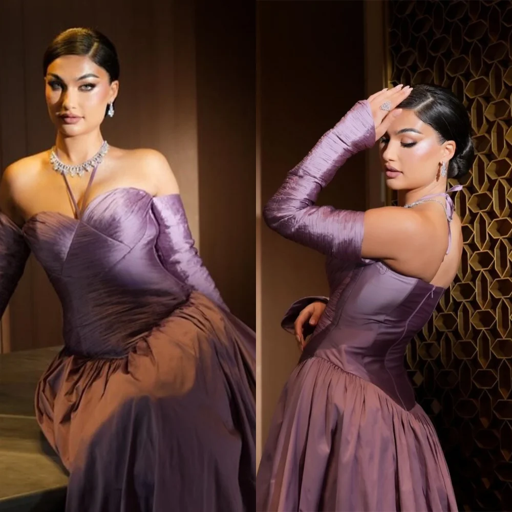Customized Delicate Purple Satin Evening Dresses High Quality Sweetheart Homecoming Dresses Detachable Sleeve Party Gowns